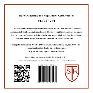 918-107-294 Slave Ownership & Registration Certificate